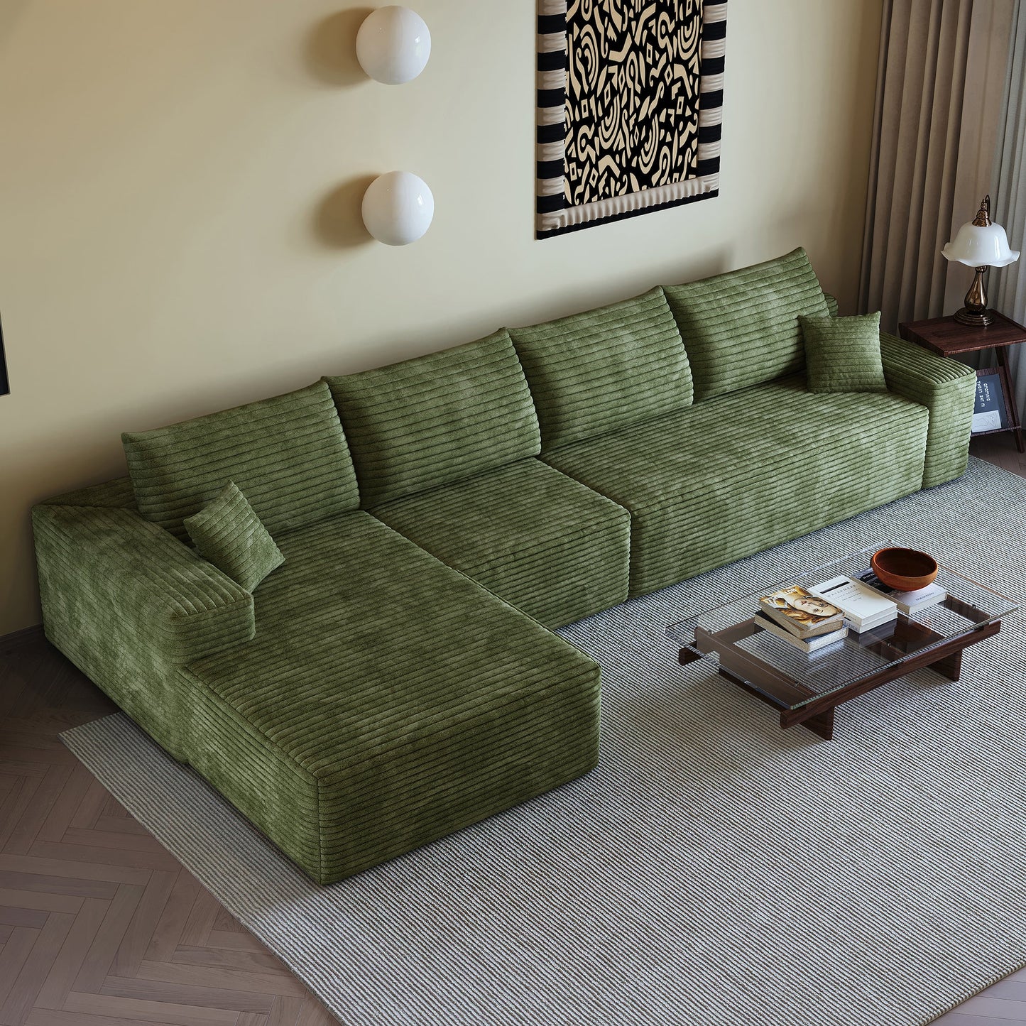 135in Cloud Sectional Couch with L-Shape Chaise in green corduroy by HouseOfZazla on Tampa Home & Garden Store