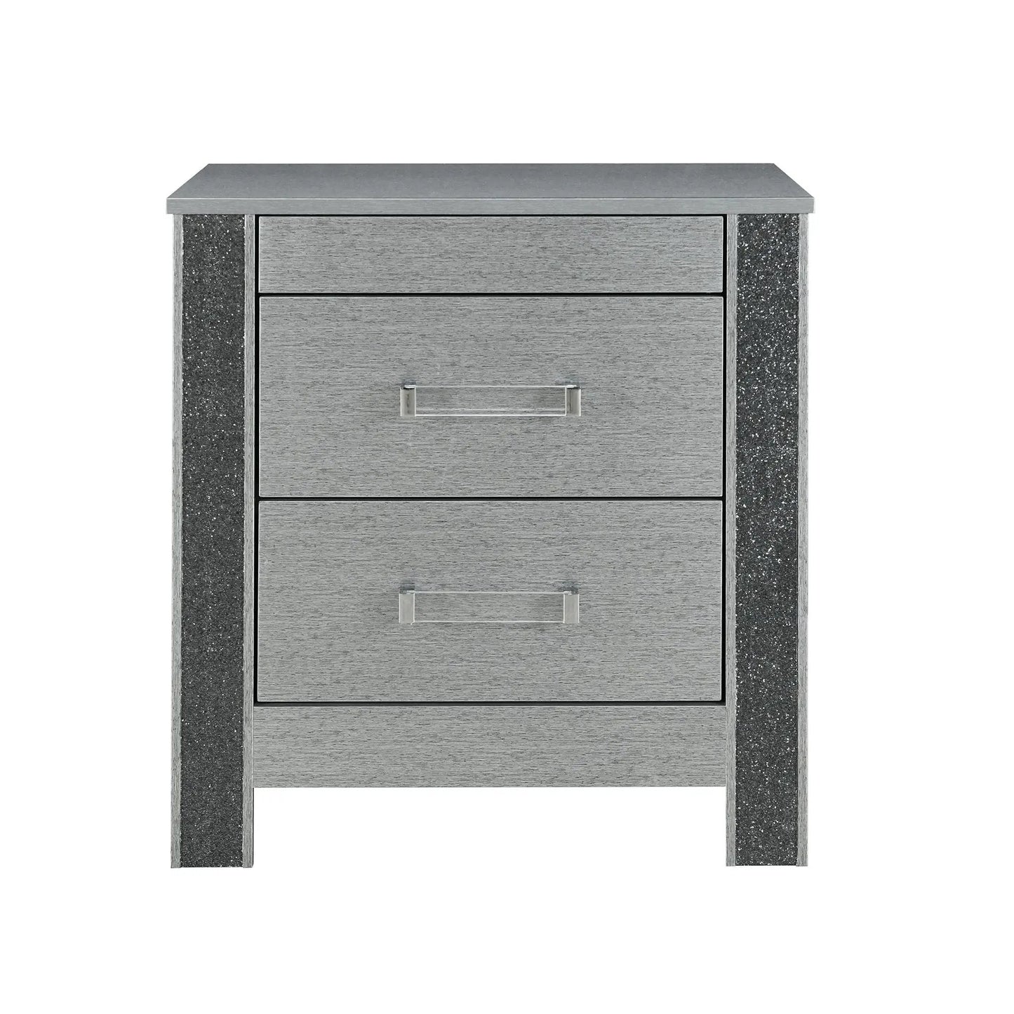 Lorenzo nightstand with hidden compartment, silver finish and speckled side columns on Tampa Home & Garden Store