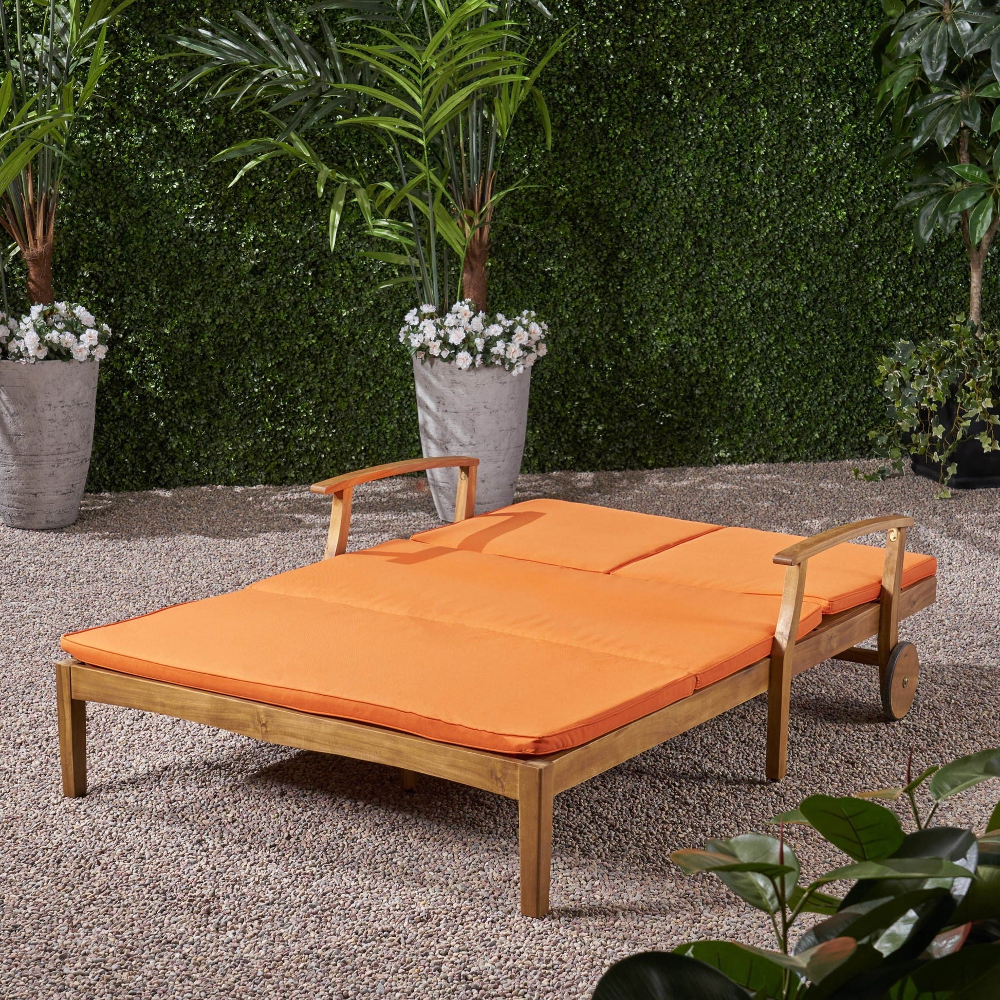 Etherealize outdoor adjustable double chaise lounge with water resistant orange cushions on wood frame on Tampa Home & Garden Store
