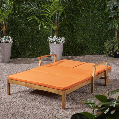 Etherealize outdoor adjustable double chaise lounge with water resistant orange cushions on wood frame on Tampa Home & Garden Store