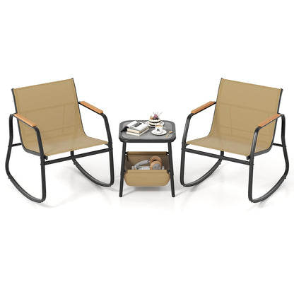 3 Piece Rocking Bistro Chairs and Side Table Set with Storage Bag-Brown