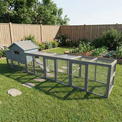 Blue 141in wooden chicken coop with nesting box and wire fence run in backyard on Tampa Home & Garden Store