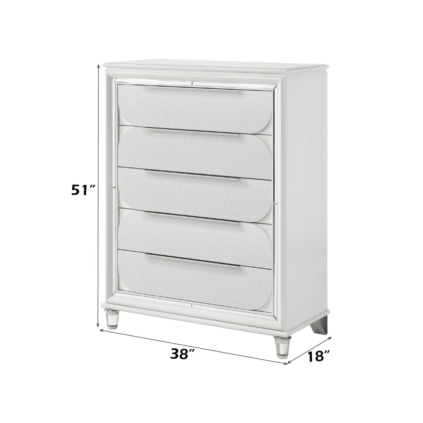 Tarian Chest White, HouseOfZazla accent chest with chrome trim and curved drawer fronts on Tampa Home & Garden Store