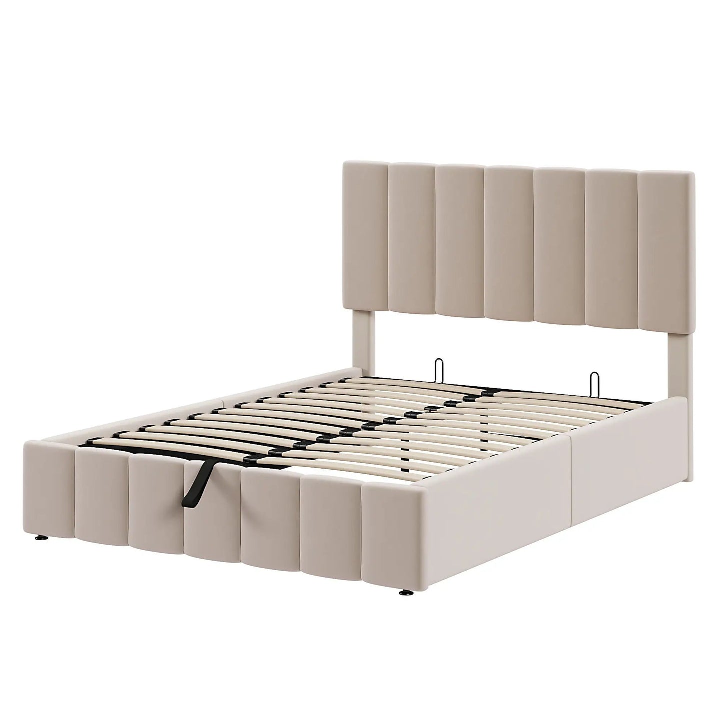 Elegant beige upholstered platform bed with padded vertical headboard and hydraulic storage on Tampa Home & Garden Store