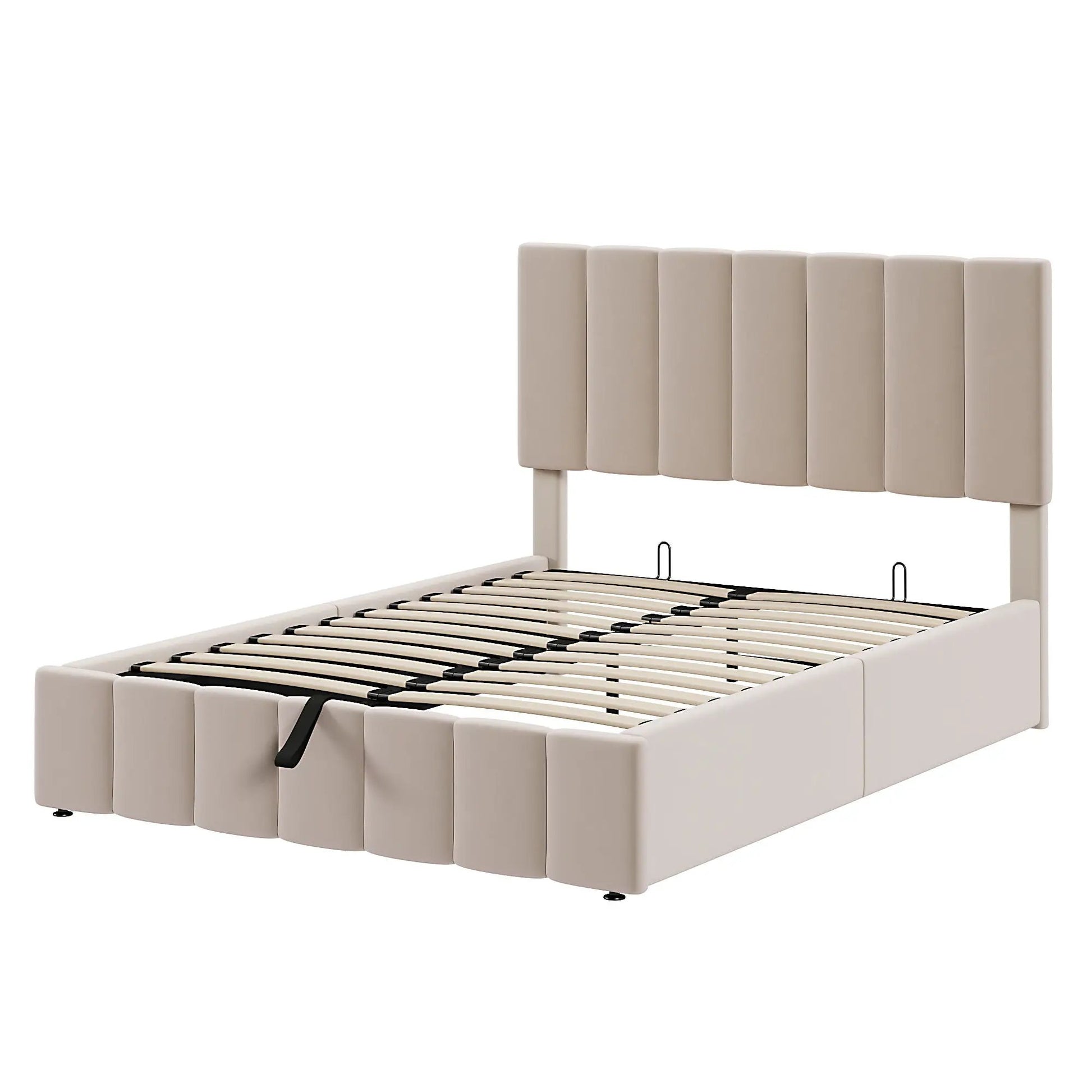 Elegant beige upholstered platform bed with padded vertical headboard and hydraulic storage on Tampa Home & Garden Store