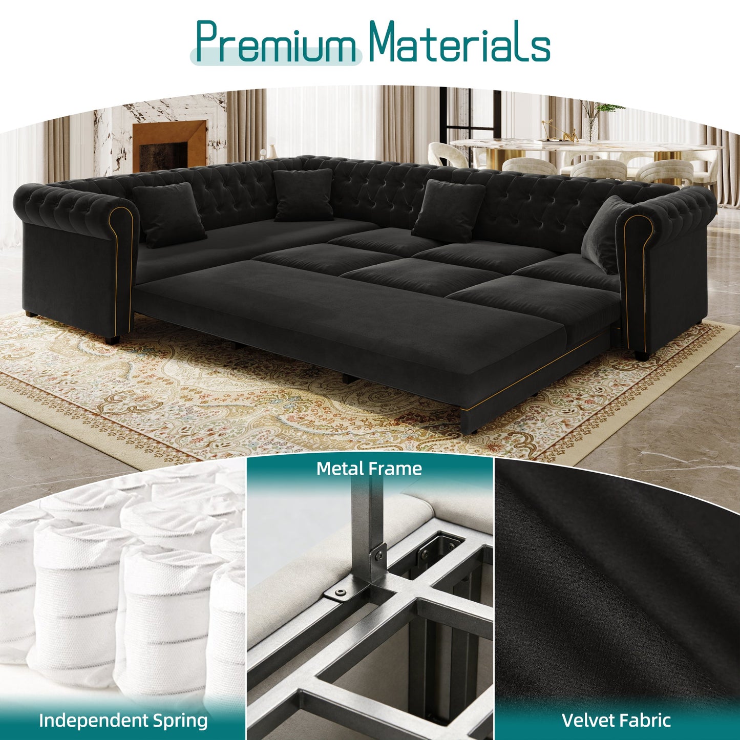 Chesterfield L Shaped Sofa and Black Velvet Bed