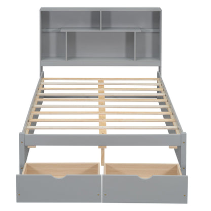 Full Size Platform Bed with Storage Headboard and 2 Drawers, Gray