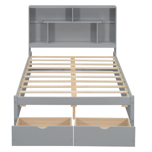 Full Size Platform Bed with Storage Headboard and 2 Drawers, Gray