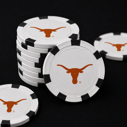 Texas Longhorn 100-chip poker set white chips with orange Longhorn logo by Ryan's Woodworking on Tampa Home & Garden Store