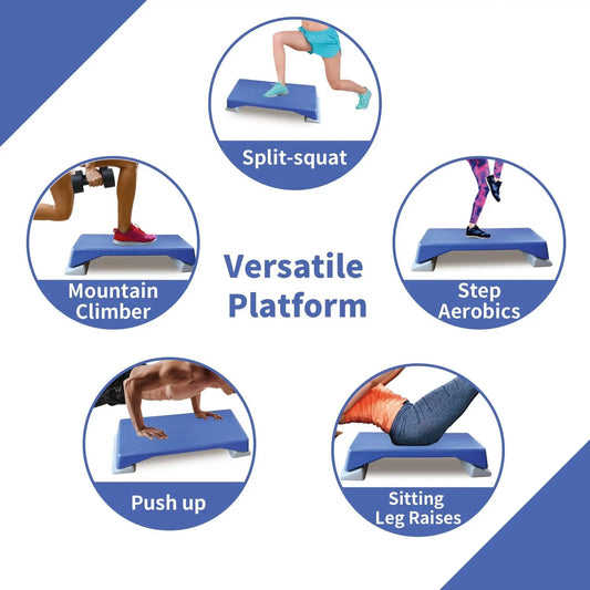 Blue height-adjustable Aerobics Step Platform with exercise icons including split-squat on Tampa Home & Garden Store