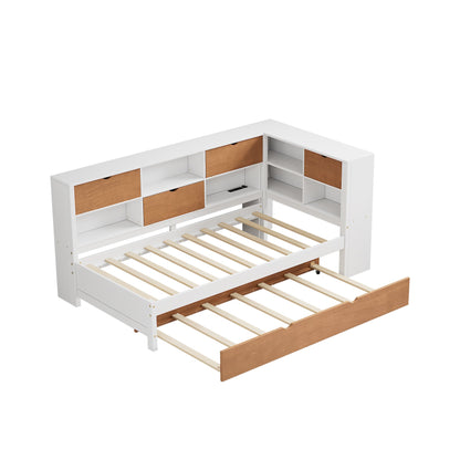 L-shaped bed frame with luggage and bookshelf, corner bed wooden captain's bed LED tube light and USB port walnut and white - Tampa Home & Garden Store
