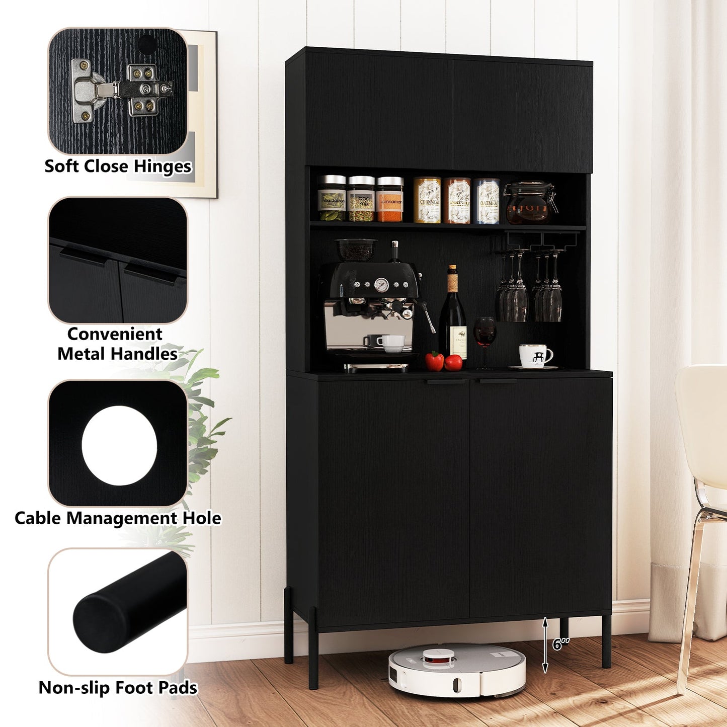 64.5 Inches Tall Kitchen Pantry Cabinet with Charging Station and Wine Glass Rack