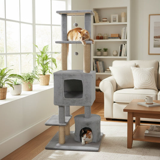 64 Inch Tall Cat Tree with 2 Large Condos and Jute Scratching Posts for Indoor Adult Cats - Tampa Home & Garden Store