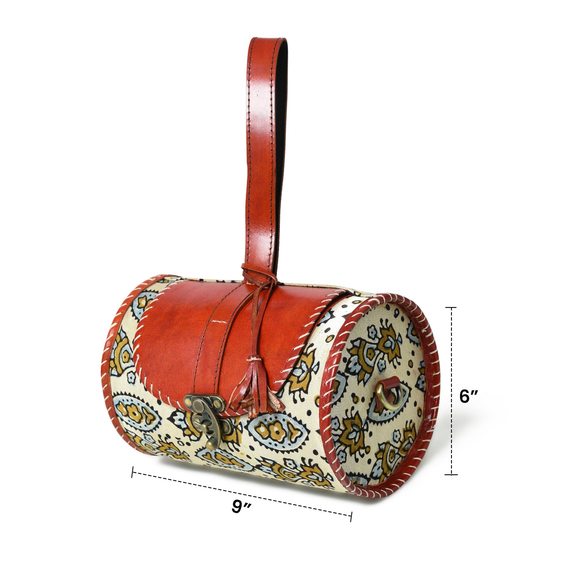 Cylindrical Block Printed Leather Bag - Tampa Home & Garden Store