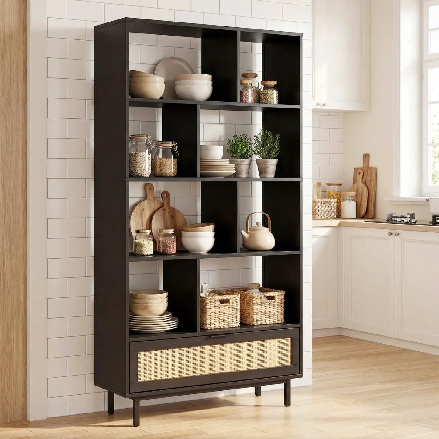 Tall Wooden Bookcase with 8 Cubes and Drawer