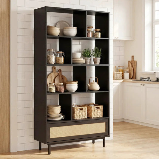 64-inch tall black wooden bookcase with eight cube compartments and a bottom drawer on Tampa Home & Garden Store