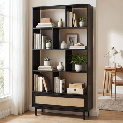 Tall Wooden Bookcase with 8 Cubes and Drawer
