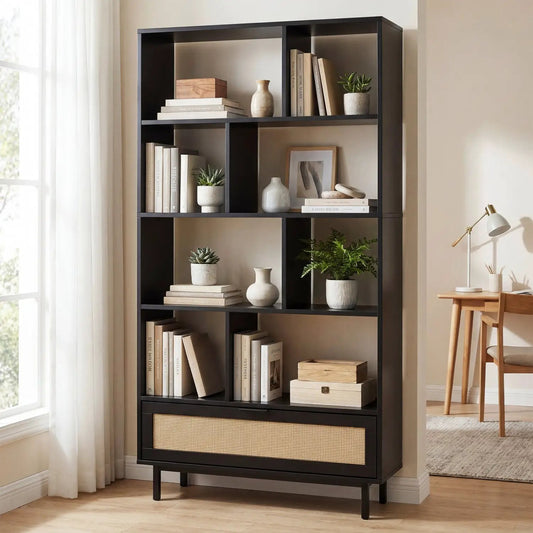 Tall Wooden Bookcase with 8 Cubes and Drawer
