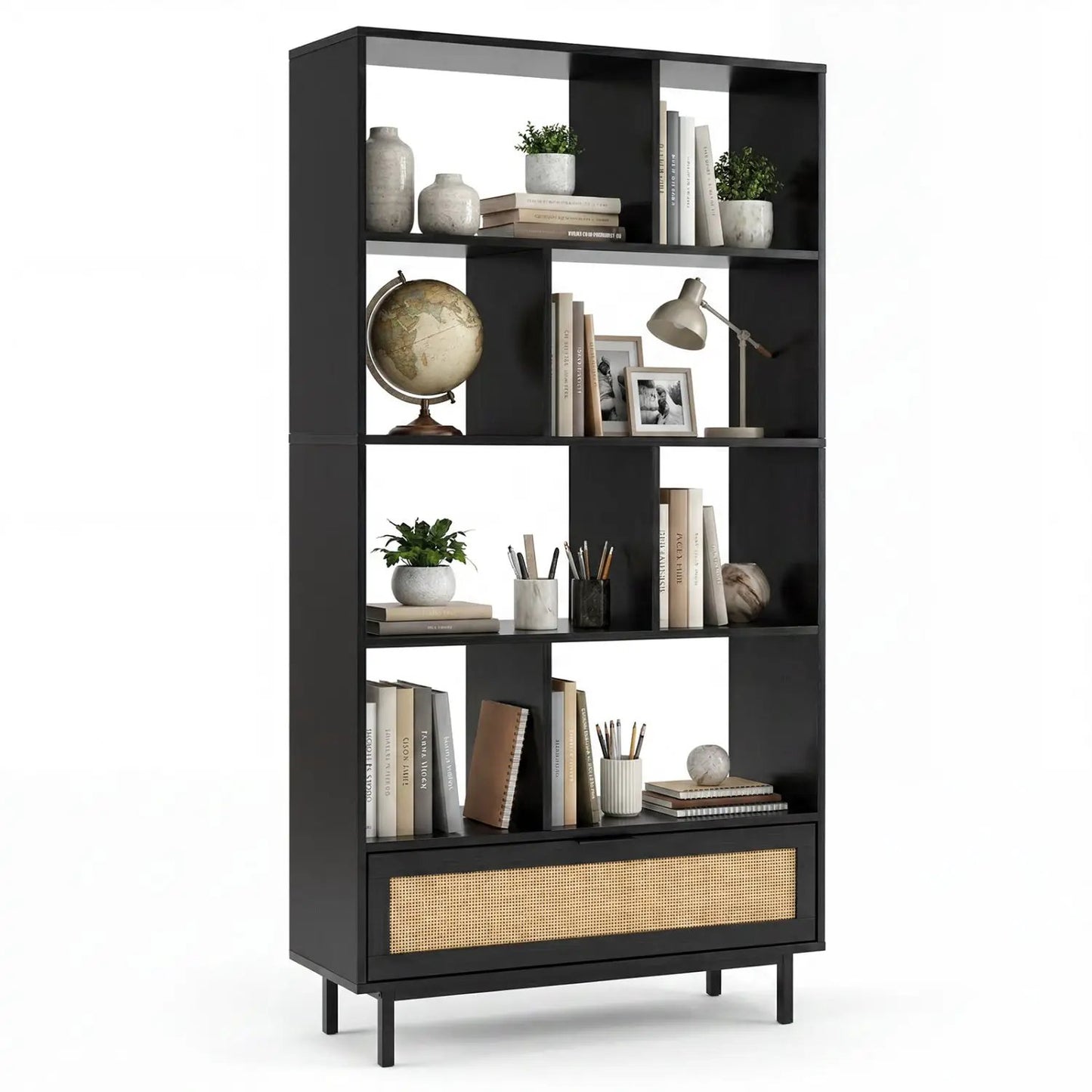 Tall Wooden Bookcase with 8 Cubes and Drawer