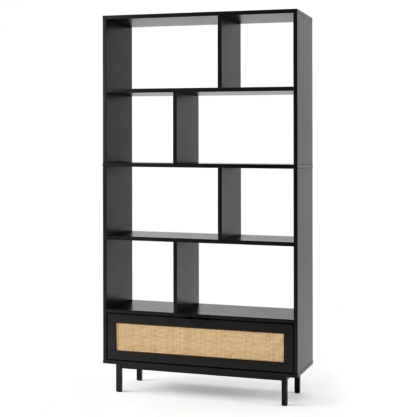 Tall Wooden Bookcase with 8 Cubes and Drawer