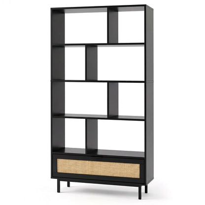 Tall Wooden Bookcase with 8 Cubes and Drawer