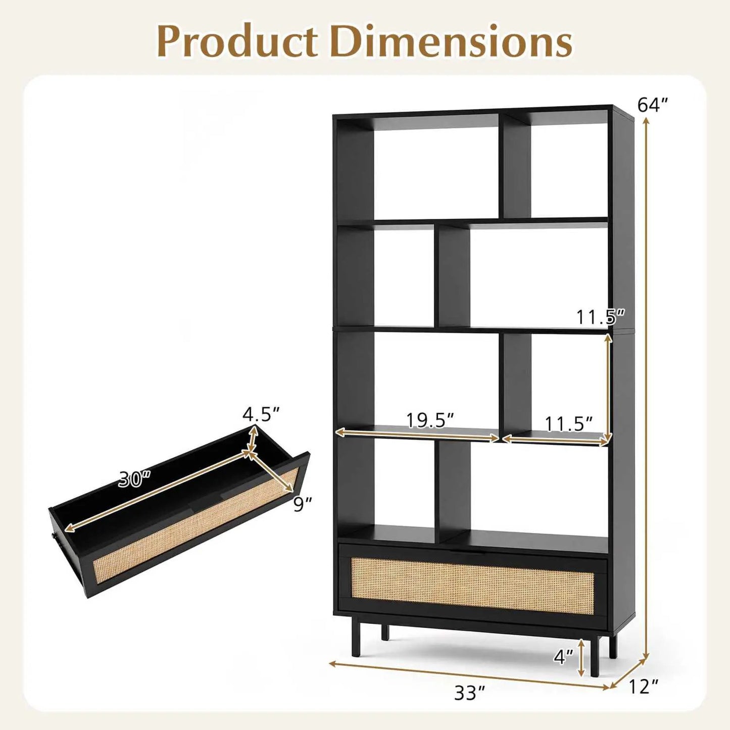 Tall Wooden Bookcase with 8 Cubes and Drawer