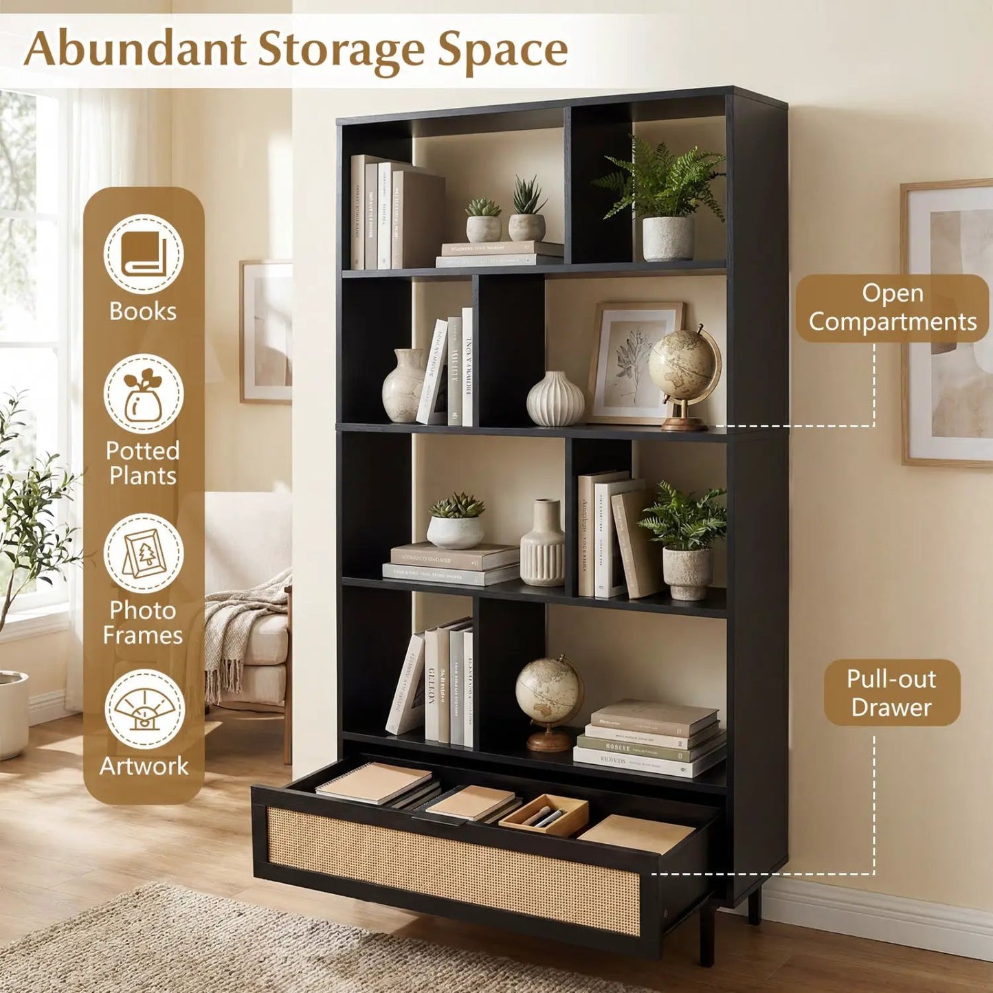 Tall Wooden Bookcase with 8 Cubes and Drawer
