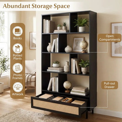 Tall Wooden Bookcase with 8 Cubes and Drawer