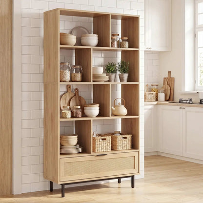 Tall Wooden Bookcase with 8 Cubes and Drawer