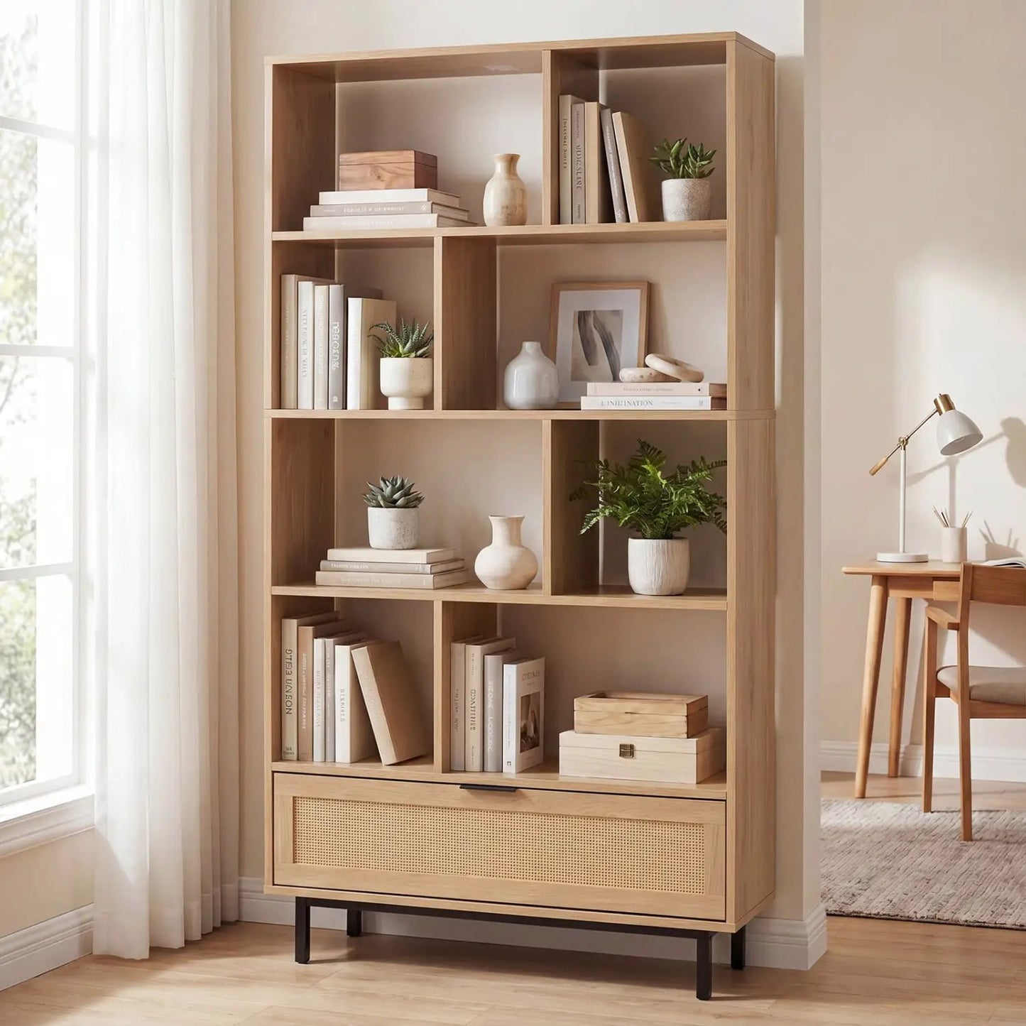 Tall Wooden Bookcase with 8 Cubes and Drawer