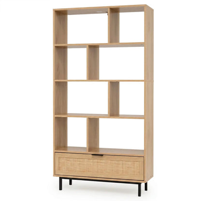 Tall Wooden Bookcase with 8 Cubes and Drawer