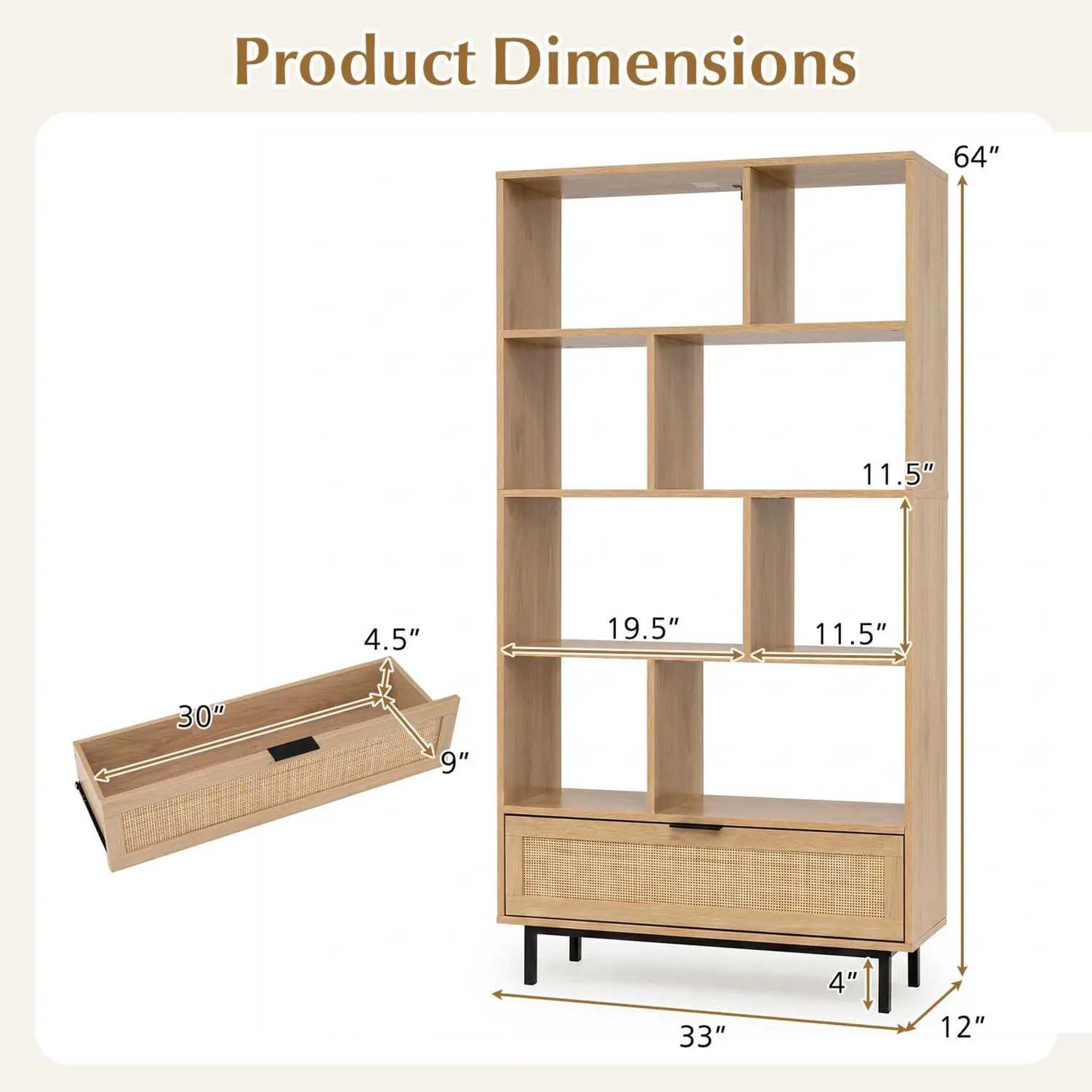 Tall Wooden Bookcase with 8 Cubes and Drawer