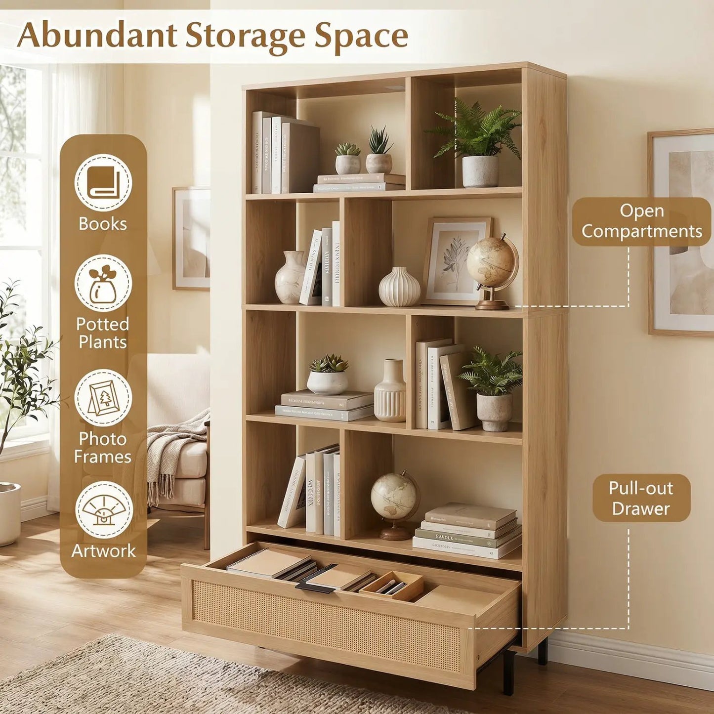 Tall Wooden Bookcase with 8 Cubes and Drawer