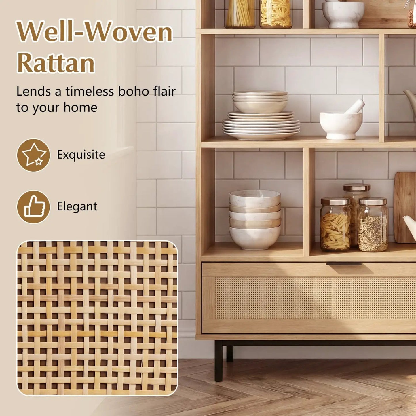 Tall Wooden Bookcase with 8 Cubes and Drawer