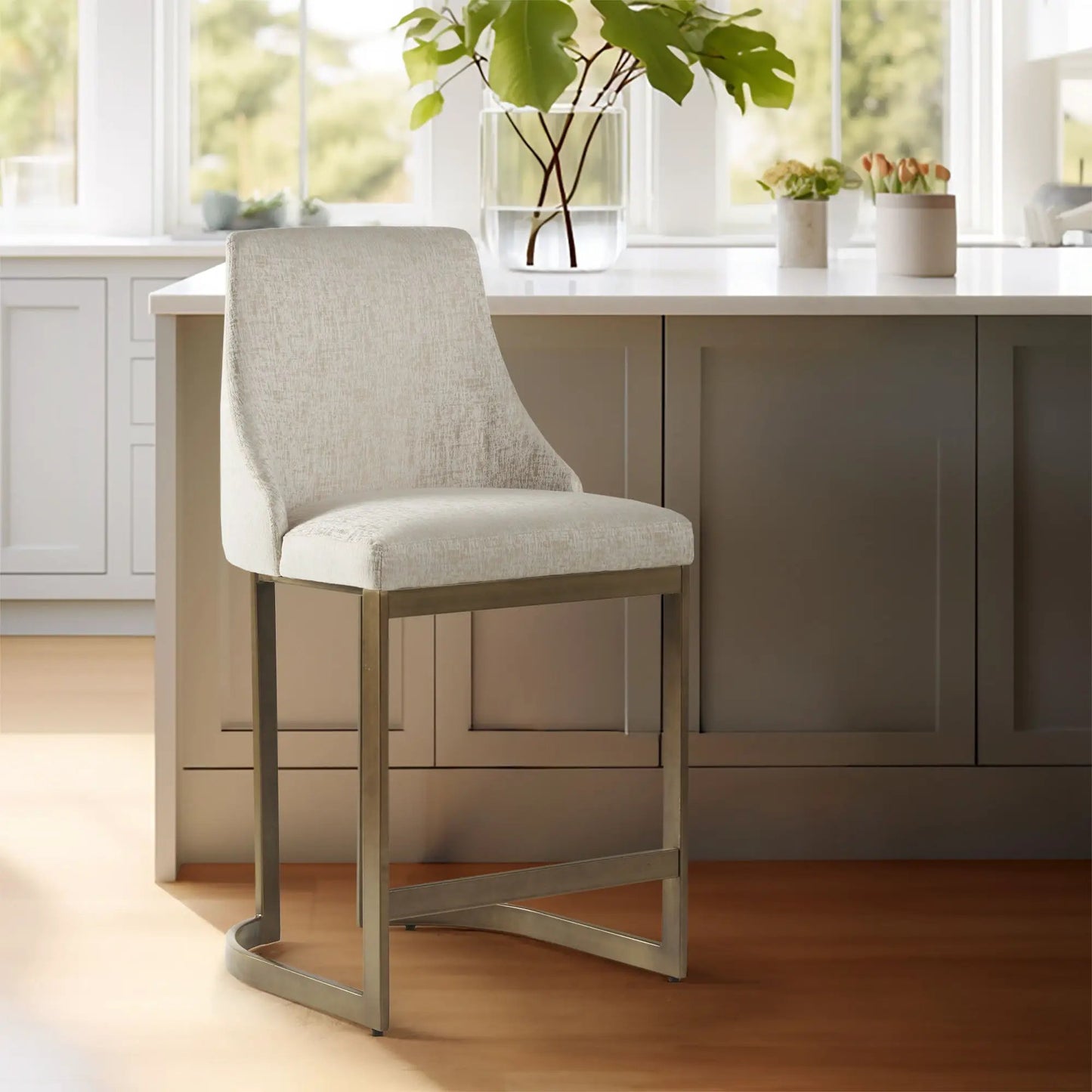 Upholstered Counter Stool with Metal Base Cream
