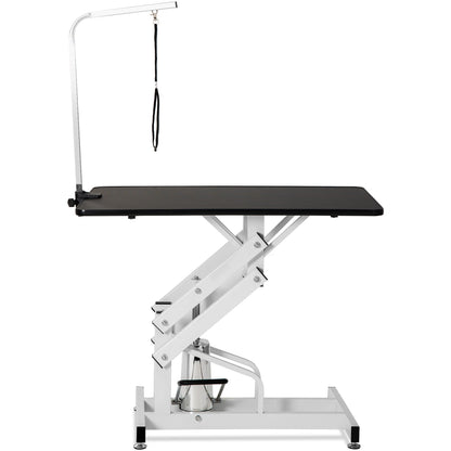 Z-Lift hydraulic dog grooming table with black textured top and white frame, side arm on Tampa Home & Garden Store