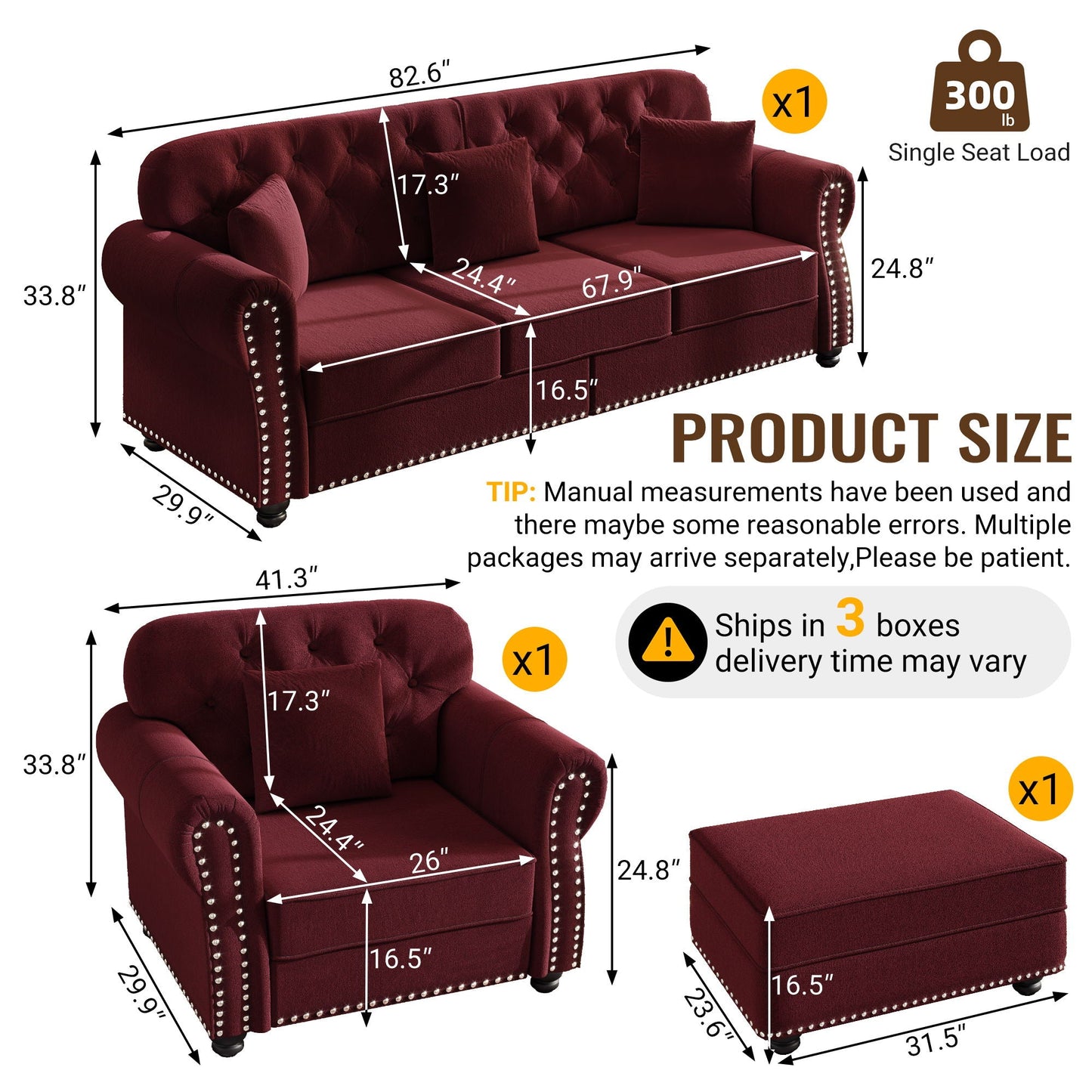 Upholstered Sofa Set with Nailhead and Pillows