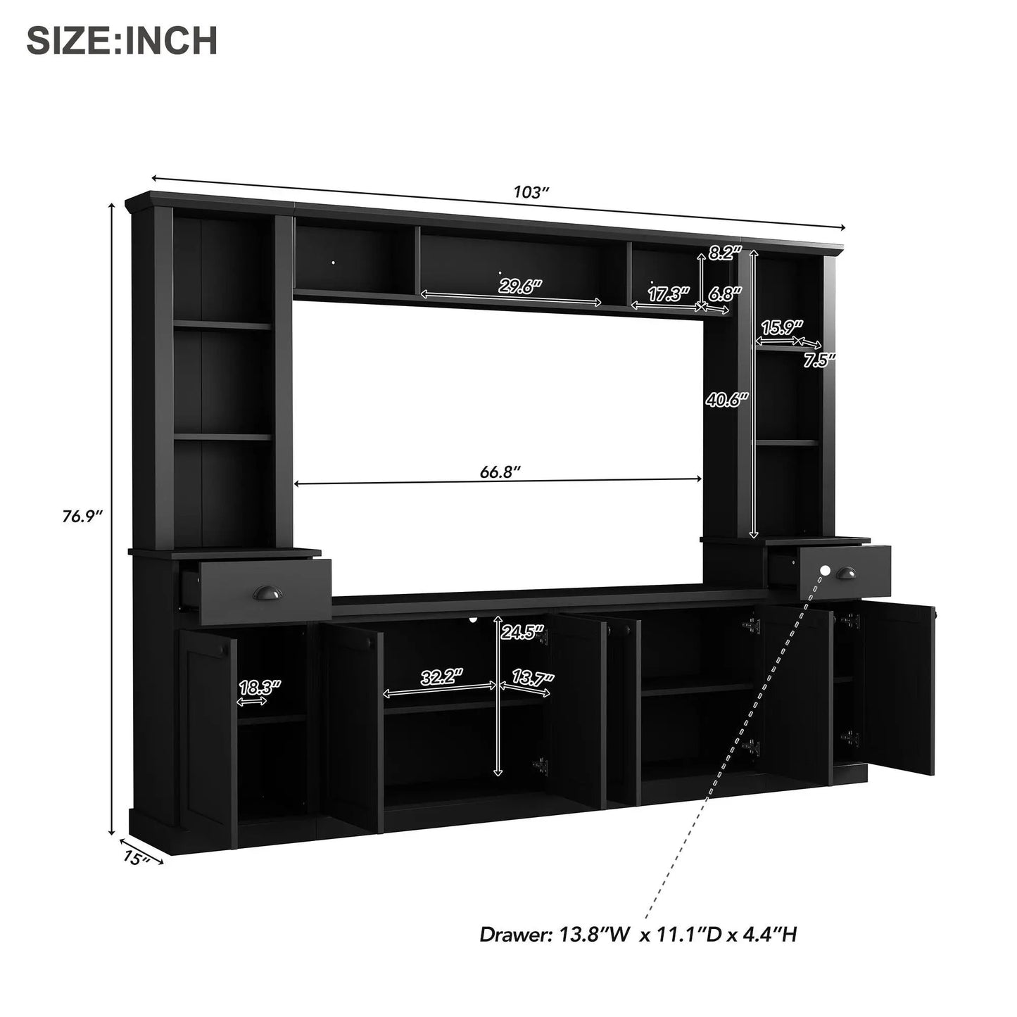 Minimalist Entertainment Wall Unit With Bridge for 75in TVs, black finish with open shelves on Tampa Home & Garden Store
