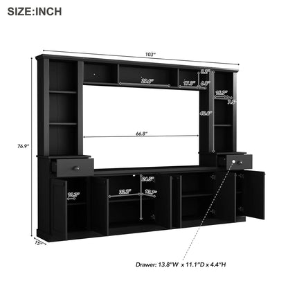 Minimalist Entertainment Wall Unit With Bridge for 75in TVs, black finish with open shelves on Tampa Home & Garden Store