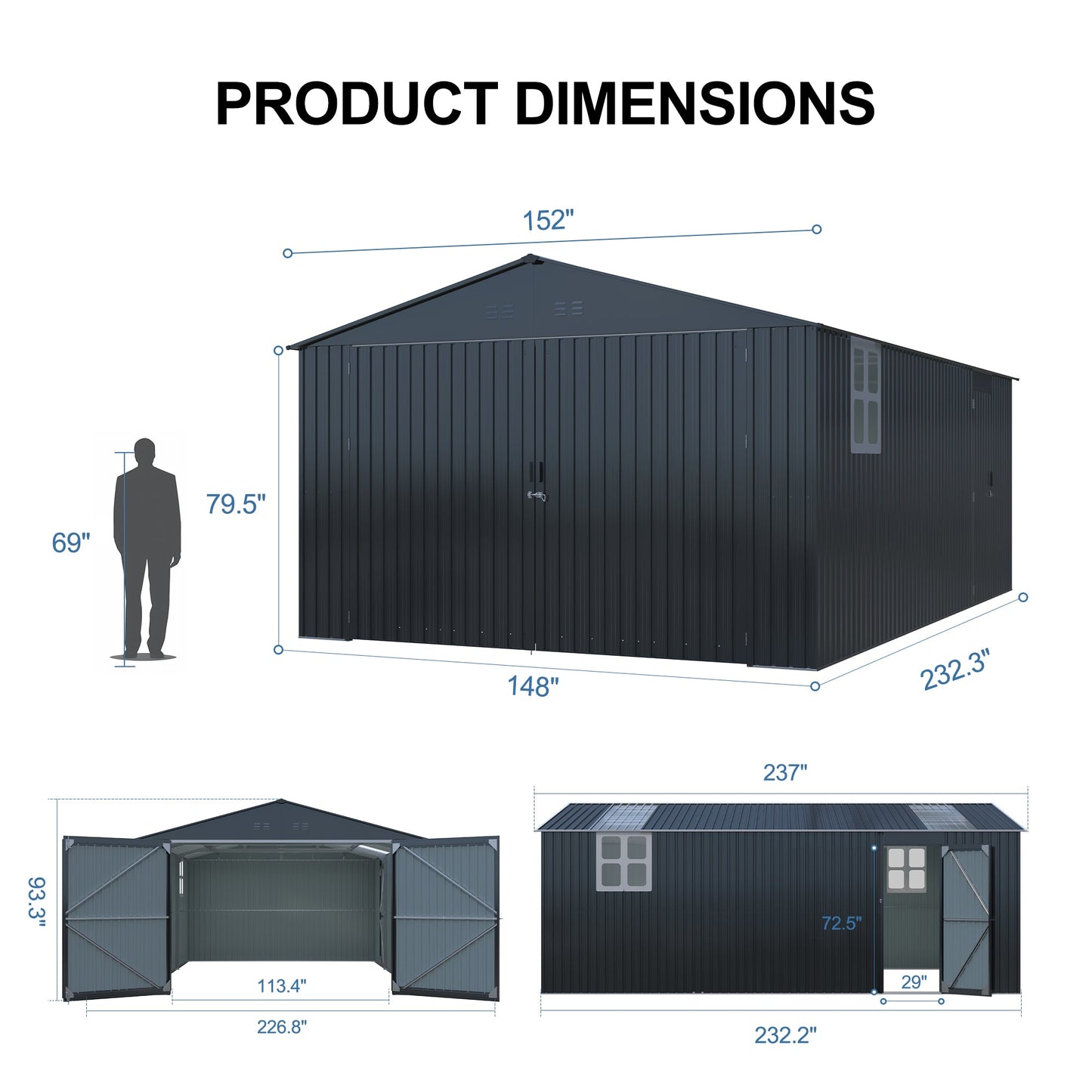 Outdoor Storage Shed 20x13 FT HouseOfZazla dark blue metal siding with gable roof on Tampa Home & Garden Store