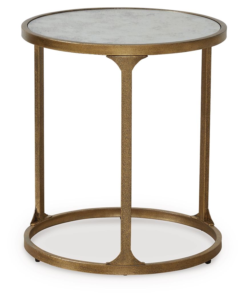 Korajane coffee table with gold textured metal frame and round glass top on Tampa Home & Garden Store