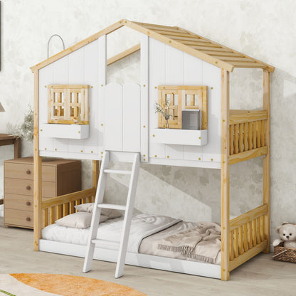 HouseOfZazla bunk bed with roof and window boxes, white panels, natural wood frame and ladder on Tampa Home & Garden Store