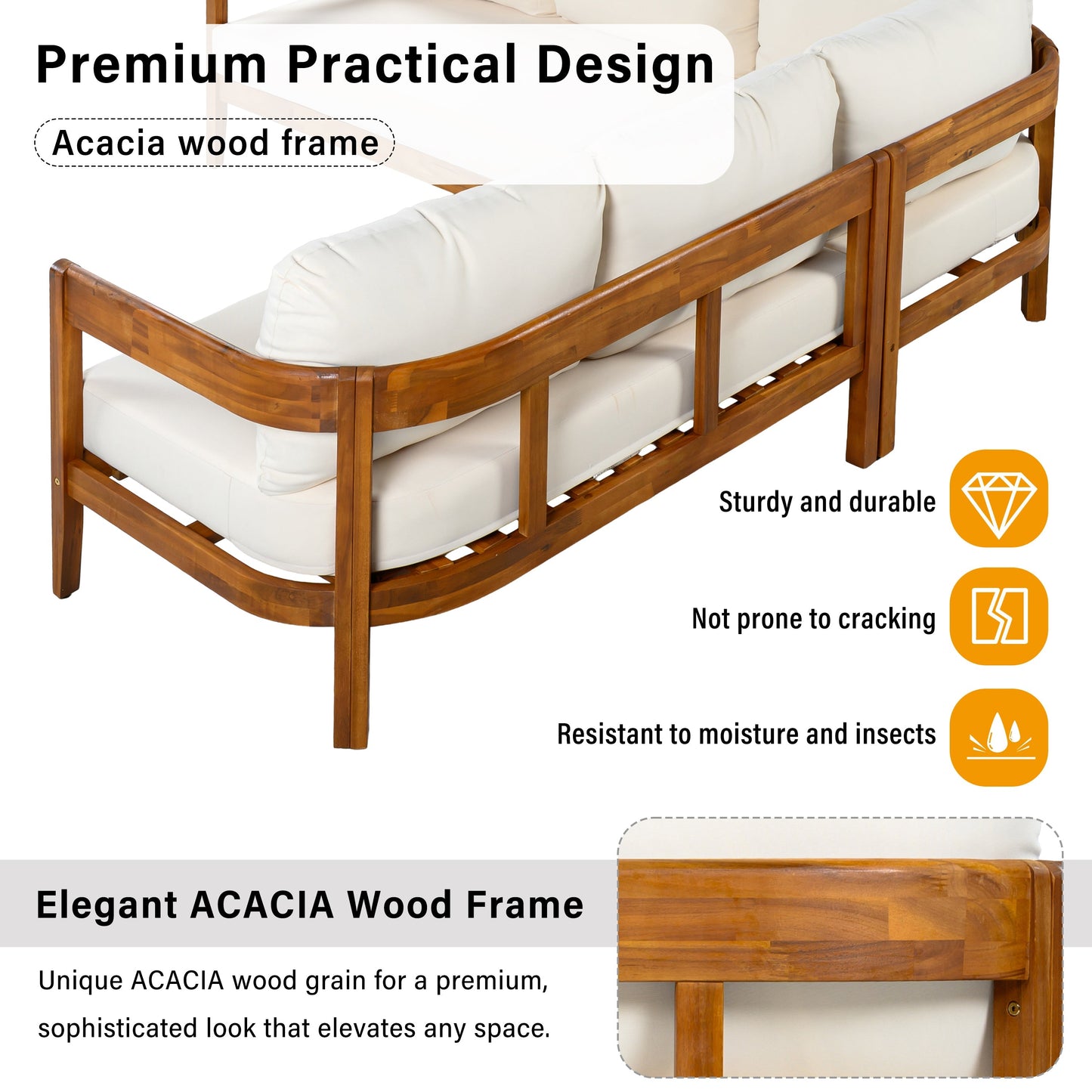 U_Style Acacia solid wood outdoor furniture set sofa module with white cushions brown stained frame HouseOfZazla on Tampa Home & Garden Store