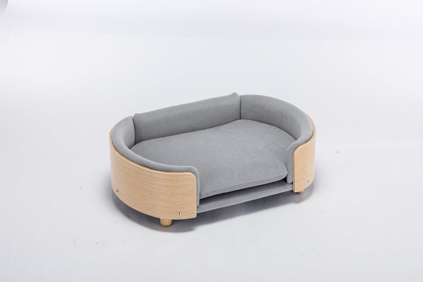 Scandinavian elevated dog bed with light grey velvet cushion and wood base size HouseOfZazla on Tampa Home & Garden Store