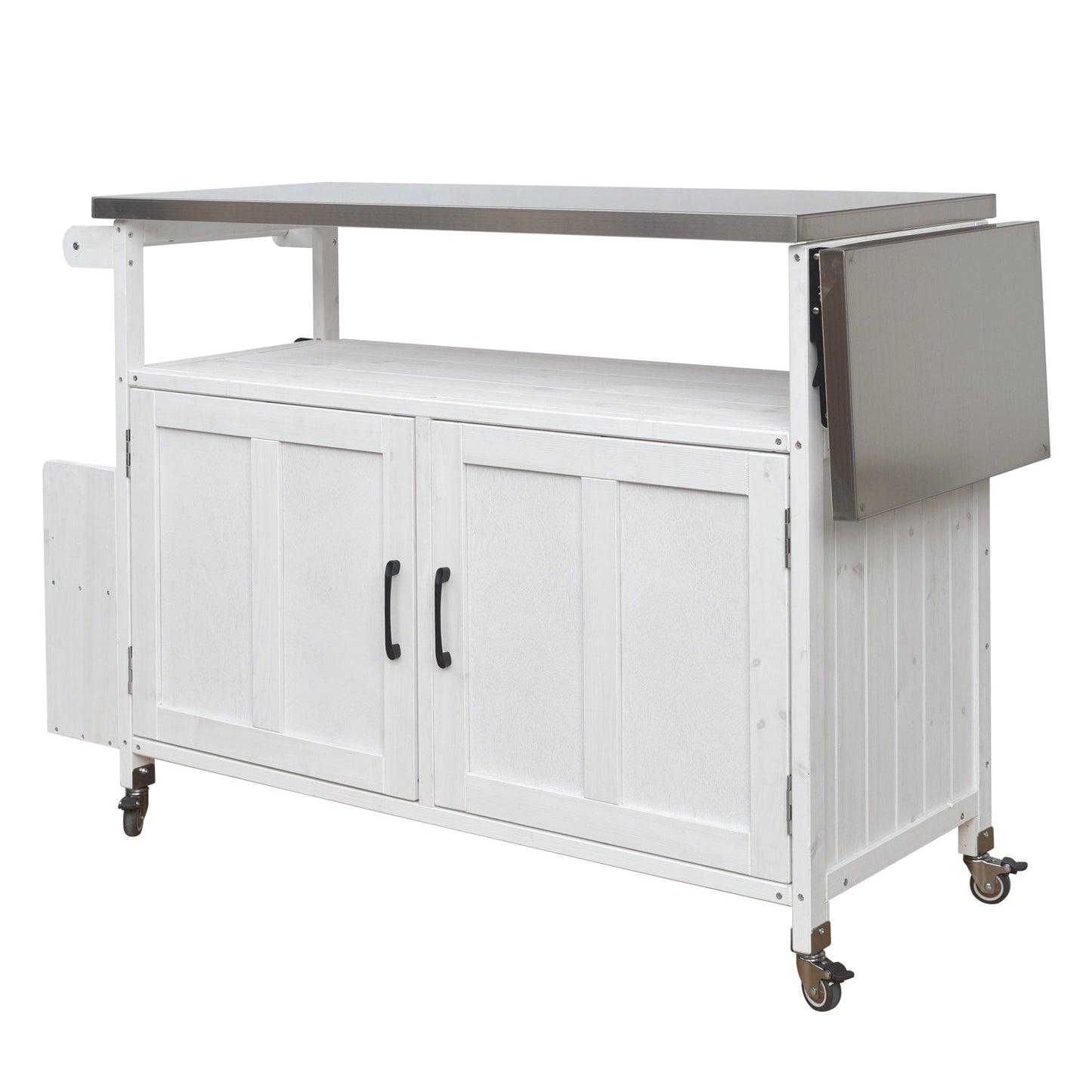 Foldable outdoor kitchen island cart with storage; white wood frame, stainless steel top, wheels on Tampa Home & Garden Store