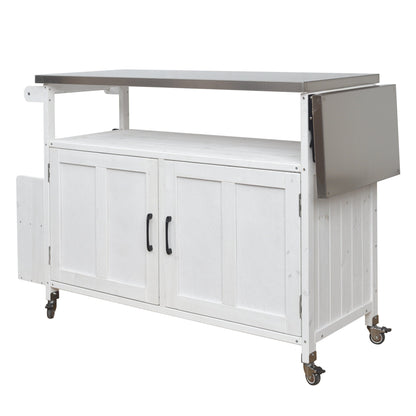 Foldable outdoor kitchen island cart with storage; white wood frame, stainless steel top, wheels on Tampa Home & Garden Store