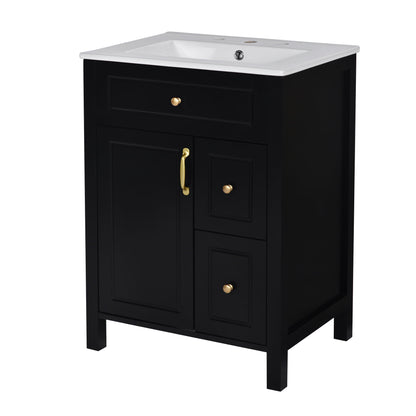 Elegant bathroom vanity with ceramic sink, black finish, gold hardware on Tampa Home & Garden Store