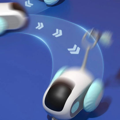 Remote control interactive cat car toy with white body and teal wheels, USB charging on Tampa Home & Garden Store
