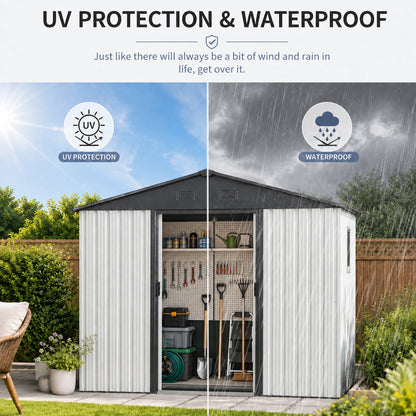 8ft x 4ft outdoor metal shed with window by HouseOfZazla silver panels and open doors with tools on Tampa Home & Garden Store