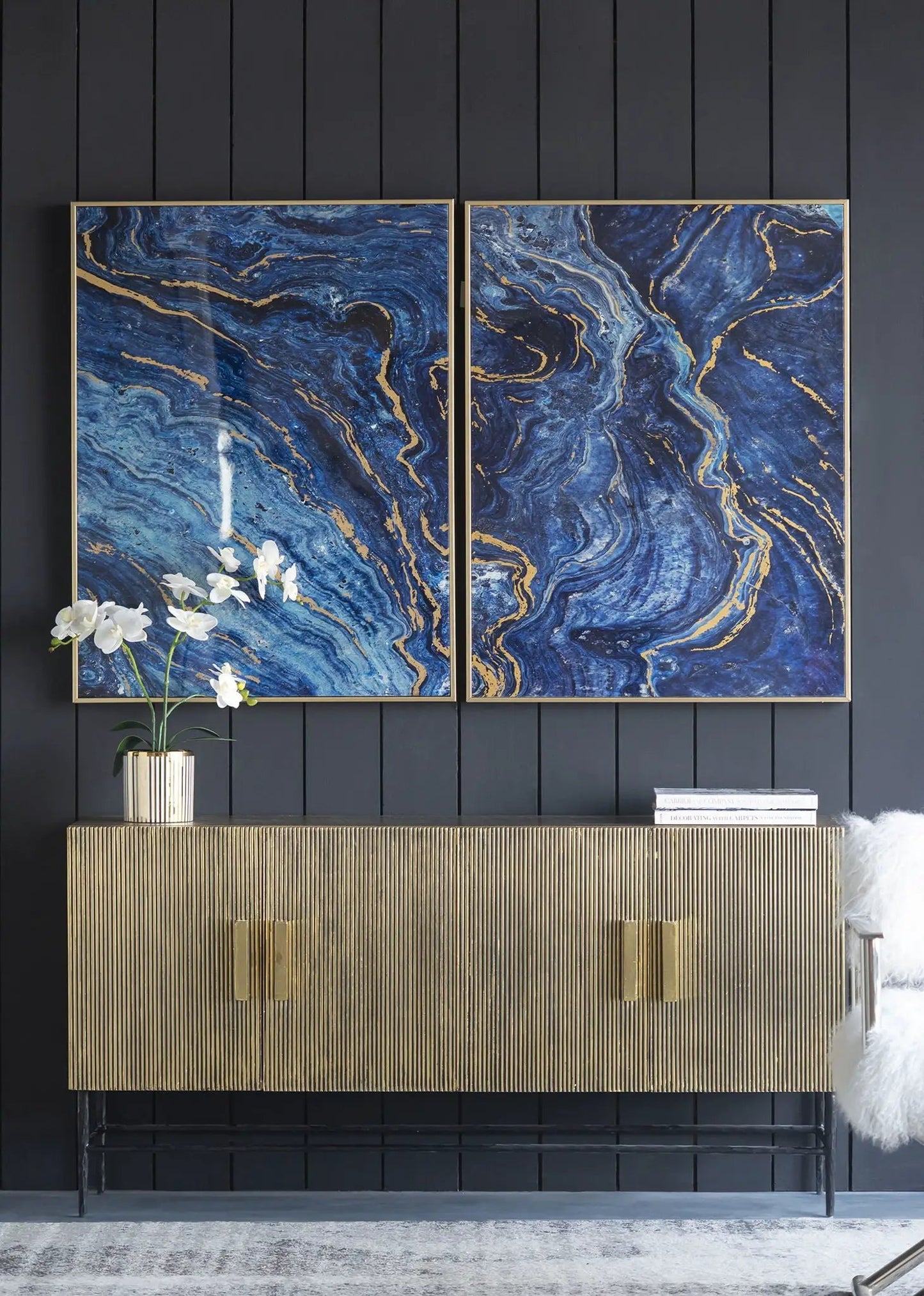 Framed Art Panels Unique Marbled Design Blue Set